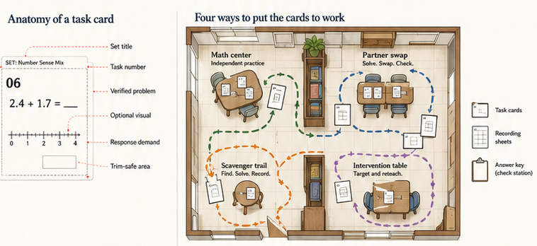 An annotated task card beside a top-down classroom plan showing a math center, partner swap, scavenger trail, and intervention table.