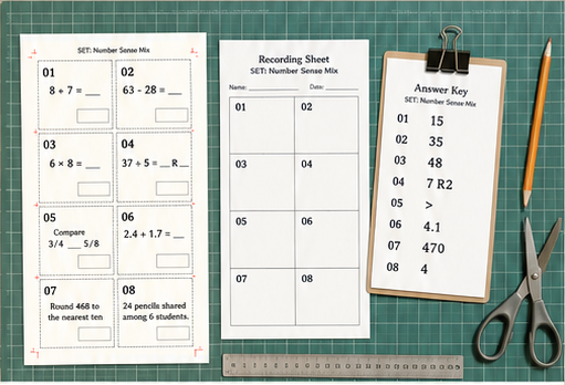 A ruled cutting mat holding one eight-card math sheet, a matching student recording sheet, a clipped answer key, a ruler, pencil, and scissors.
